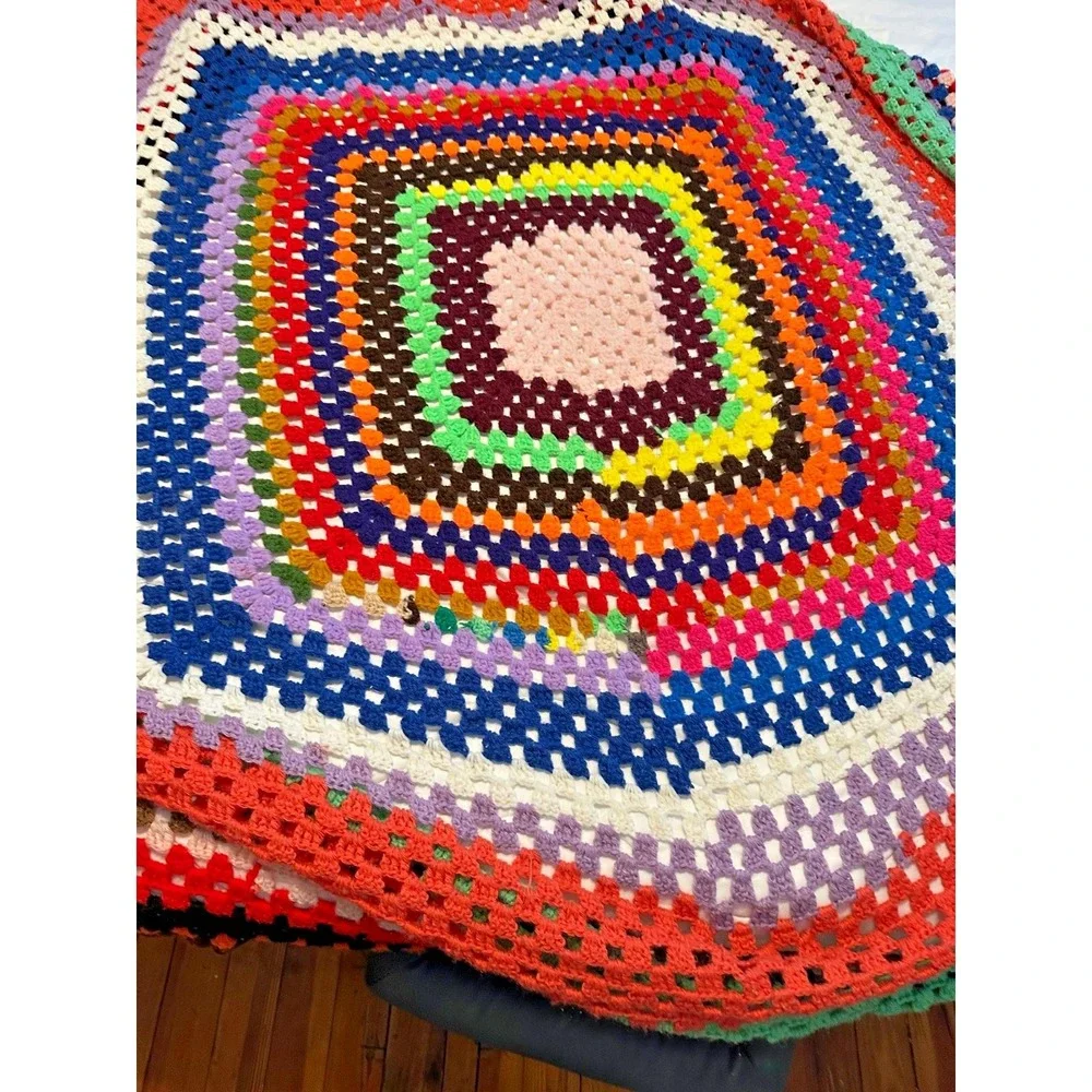 VTG Handmade Crochet Granny Square Afghan blanket  Multi Color approx  70